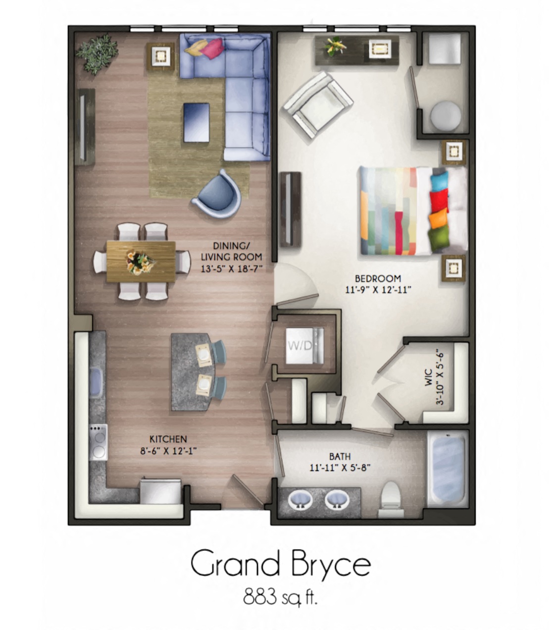 Floor plan for 1 bed, 1 bath, 883 sqft